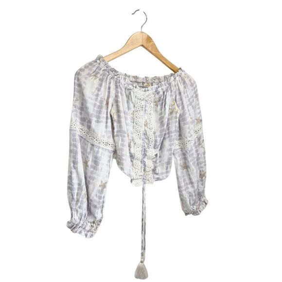 Surf Gypsy Metallic Star Print Crochet Size Small Ruched Off Shoulder Crop Top - Picture 4 of 7